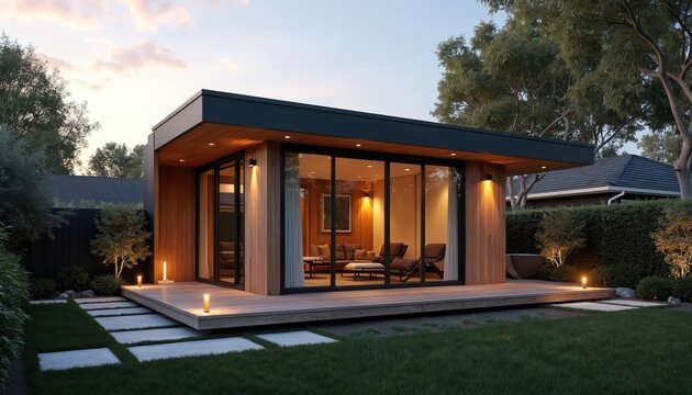 Modern backyard studio with wood exterior and glass walls. Offers compact living space and entertainment area. Includes wooden deck and landscape lighting. Features modern furniture inside.