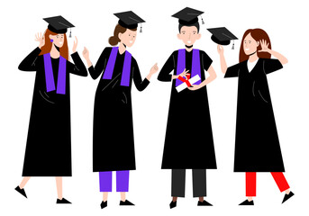 Graduates in square academic cap and gowns. Group of graduate students at graduation ceremony. Cheerful graduates celebrate