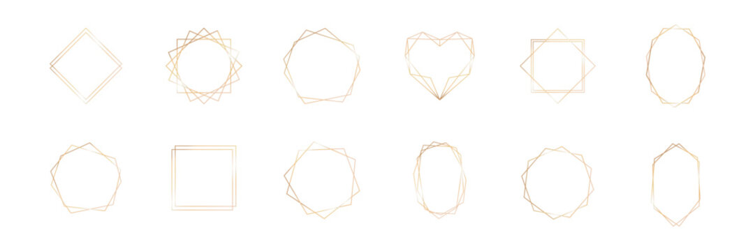 Elegant golden frame with luxury geometric border design. Perfect for Christmas cards, wedding invitations, or birthday templates with shiny foil accents and white background.