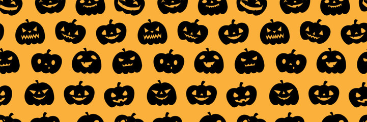 Cute Halloween pumpkin pattern with cartoon faces. Seamless spooky background perfect for autumn wallpaper, fall prints, and festive holiday designs with orange jack-o-lanterns.