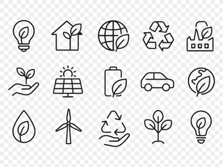 Eco Friendly Related Thin Line Icon Set in Minimal Style: Environmental Sustainability Symbols & Linear Ecology Icons 
