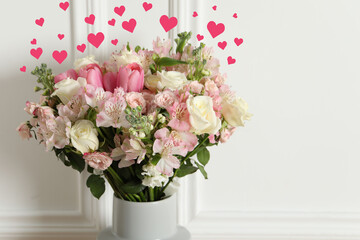 Bouquet of beautiful flowers and hearts on romantic greeting card