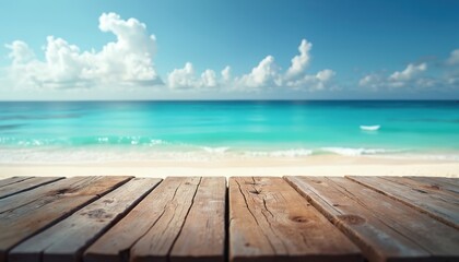 Obraz premium Empty wooden table on tropical beach overlooking ocean. Bright sunny day with clear blue sky and soft clouds. Perfect backdrop for summer product shots.