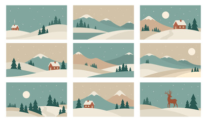 Fototapeta premium Minimalistic winter landscape set. Vector illustrations in Scandinavian style.