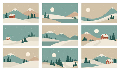 Set of minimalistic winter mountains landscape. Vector illustrations in Scandinavian style.