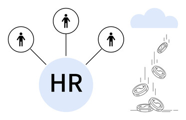 Human resources, recruitment, employee management, financial growth, teamwork, payroll processes. HR connected to people icons and coins flowing from a cloud. Human resources and recruitment concept