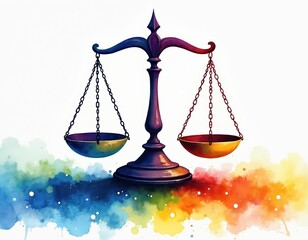 Creative watercolor painting of scales of justice. Symbolizing legal equilibrium and fairness. Vibrant diverse background colors. Abstract art. Law and order concept.