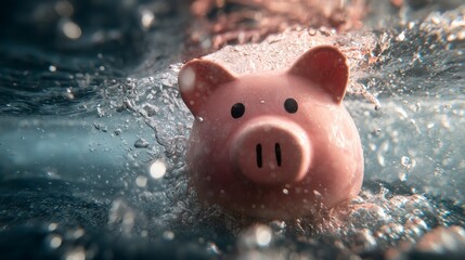 A pink ceramic coin bank, shaped like a pig, immersed in clear, churning water, symbolizing financial instability or loss