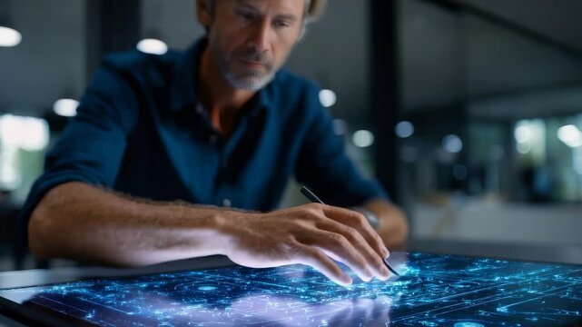 A professional male uses a stylus to manipulate advanced holographic data on a high tech interactive display. The scene highlights digital transformation and cutting edge analytics