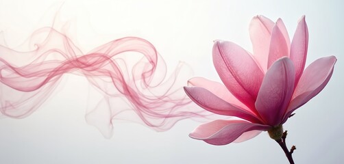 Obraz premium Close up pink magnolia flower with delicate translucent petals. Wispy red smoke swirls around bloom against white background. Nature botanical art.