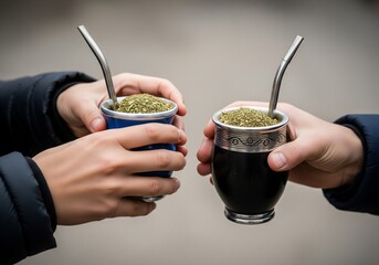 Sharing yerba mate drink with traditional gourds and metal straws