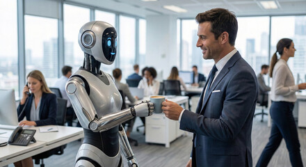 Fototapeta premium AI Office Assistant Robot Serving Coffee to Businessman in Corporate Environment, Smart Office Concept