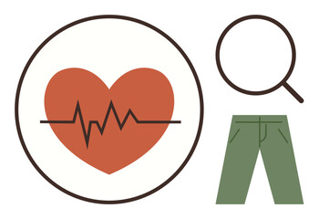 Heart with ECG line, magnifying glass, and green pants representing health, diagnostics, lifestyle, fitness, analysis, medical monitoring. Ideal for healthcare well-being education research