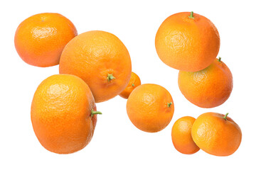Fresh juicy tangerines flying in air on white background