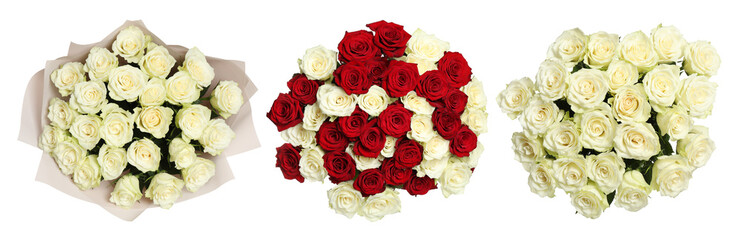 Rose flowers in bouquets isolated on white, set