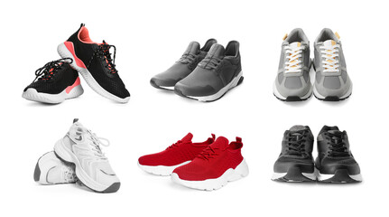 Set of different sneakers isolated on white