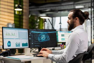 Office administrator checking monthly reports with AI analytics platform, employing neural networks...