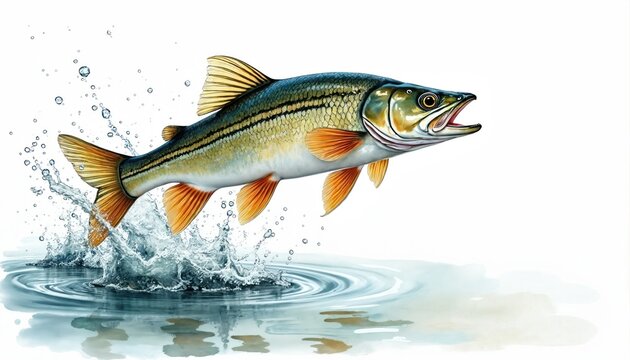 Pike perch zander fish jumps from water splash. Realistic illustration of predator fish mid air. Aquatic animal in dynamic motion, white background.