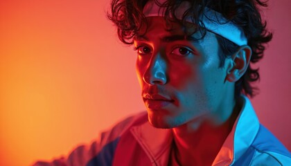Man with curly hair wears headband and retro jacket. Portrait lit with vibrant red and blue neon lights. Energetic pose suggests 80s athletic style and youthful confidence.