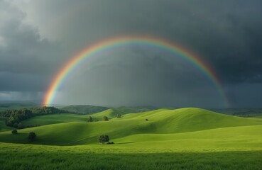 Obraz premium Vibrant rainbow arcs over rolling green hills under dramatic stormy sky. Fields with scattered trees stretch to horizon. Serene rural landscape offers sense of hope, natural beauty after rain.