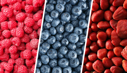 Collage of different fresh berries. Strawberries, blueberries and raspberries