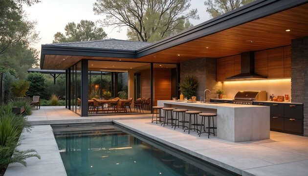 Modern luxury home features open plan living with indoor dining flowing to outdoor kitchen and pool. Sleek design, premium appliances, and entertainment space.