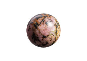 An elegant black rhodonite orb on a white isolated background, showcasing delicate pink swirls and a refined polish. Suitable for luxury decor or crystal therapy.