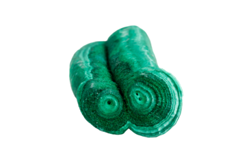 Vibrant green malachite crystal specimen with rich banding patterns isolated on white background showcasing natural mineral formation and crystalline texture