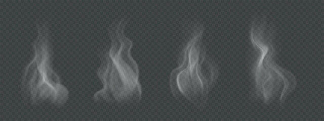 Steam and smoke from hot food, tea, coffee. Set of wavy, smooth vapor isolated on transparent background © Picture Store