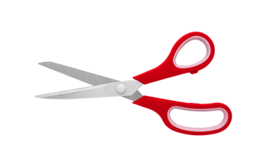 A pair of Red handled scissors in half-open position on a white background, displaying stainless steel blades and ergonomic handles. Suitable for precision cutting in office or craft, isolated image.