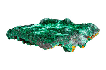 Natural malachite stone with distinctive green copper ore patterns displaying geological mineral structure and raw crystalline matrix formation on isolated backdrop