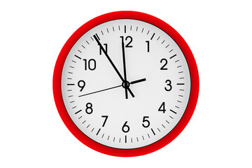 Red watch, wall clock 11 hours 45 minutes on isolated or white background close up