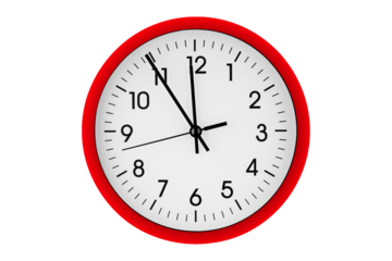 Red watch, wall clock 11 hours 45 minutes on isolated or white background close up