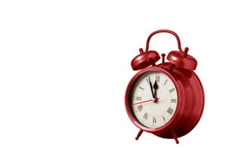 retro clock, watch, pointer clock, red color alarm clock on isolated white background close up
