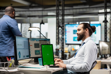 Male business consultant reviewing forecasts with a copy space, building a new development strategy to expand the company and boost performance metrics. Professional objectives.