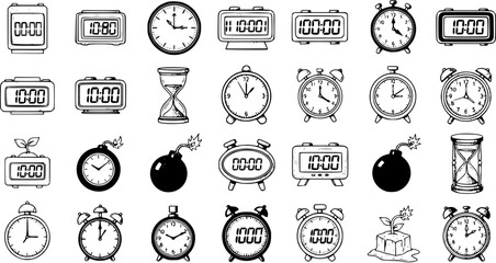 Black and White Line Art Collection of Various Clocks, Alarm Clocks, Digital Clocks, and Hourglasses