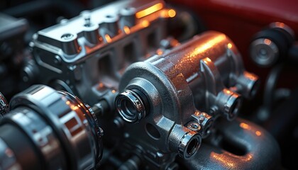 Fototapeta premium Close up view of shiny metal turbocharger inside car engine. Auto part shows complex internal structure, power unit detail. Automotive mechanical engineering component for high speed.