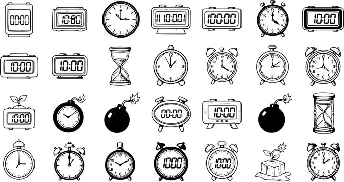 Black and White Line Art Collection of Various Clocks, Alarm Clocks, Digital Clocks, and Hourglasses
