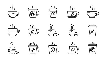 Coffee and disability icons depicting various cups and wheelchair symbols forming a collection on a clean backdrop showing accessibility and beverages
