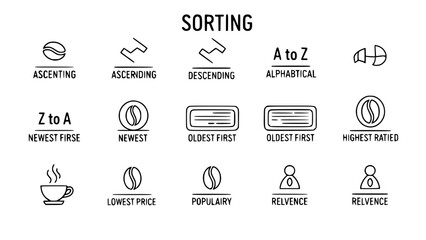 Coffee beans icons display sorting options illustrating various arrangements on white background showcasing filter preferences and order details