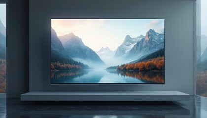 Fototapeta premium Ultra thin LED TV mounted on wall displays mountain lake scene. Minimalist interior design with modern flat screen electronics and scenic landscape view.