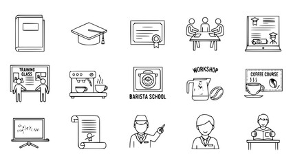 Coffee education vector outlines showcase professional barista training in minimalist learning scenes displaying classes tools and activities