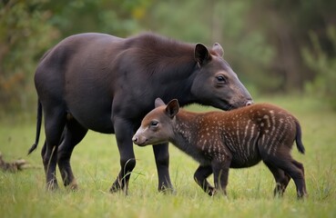 Fototapeta premium Mother Baird tapir with her striped newborn baby walks on grass. Adult female tapir touches young offspring with nose. Wildlife mammals in their natural habitat. Peaceful bond.