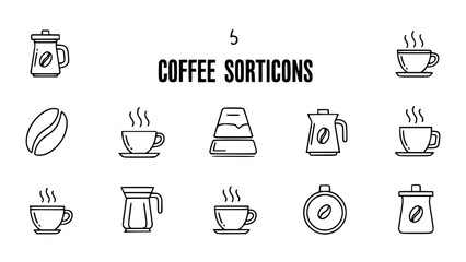 Coffee icons present diverse elements in a minimalist style showcasing cafe culture and design.