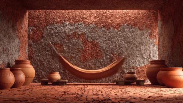 A cavern interior with terracotta tones, a hammock, pottery, and textured surfaces