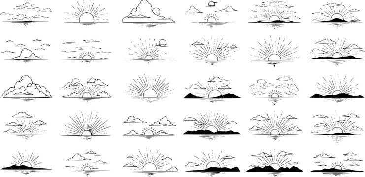 Black and White Line Art Sunburst Sunsets and Sunrises Over Mountains and Clouds Vector Illustrations Set