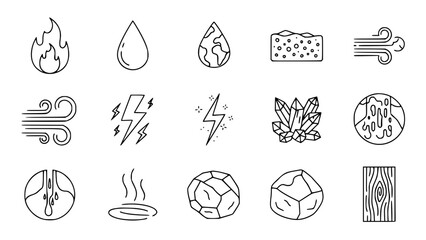 Elemental icons depict diverse natural forces in a clean outline style showing symbolic representations on white