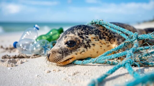 a young seal lying on sandy beach entangled in a blue fishing net, surrounded by plastic bottles, illustrating the impact of marine pollution on wildlife