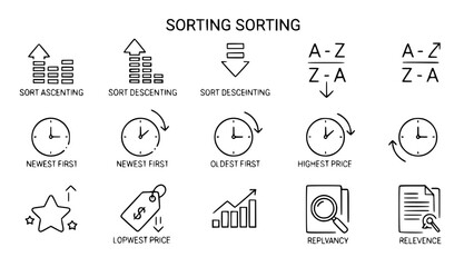 Sorting icons illustrate data organization methods in a simplistic graphic representation with various symbols