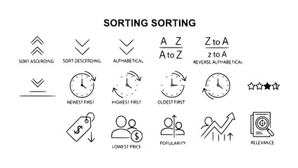 Sorting icons represent data ordering features in clean white background demonstrating functionality and user interface elements